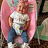 baby, infant, smile, headband, bow, monkey, pink, baby_chair, jeans, shirt, sneakers, white_shoes, carpet, indoor, happy, cute, child, person, clothing, footwear