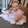 baby, child, girl, pink_dress, ruffles, smiling, happy, carpet, indoor, home, hair_bows, pigtails, person, cute, infant, floor, hand_raised, blue_eyes, portrait, candid