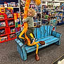 Robert is registered to the contest to win money with this photo: bench, boy, carpet, child, clothing, colorful, curly_hair, display, fun, giraffe, indoor, lego, playful, shelf, shopping, smiling, sneakers, toddler, toy_store, toys