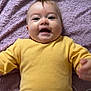 Maëly participe au concours pour gagner de l'argent avec cette photo : baby, child, yellow_clothing, smiling, happy, lying_down, blanket, purple_blanket, infant, cute, face, cheerful, soft_texture, indoors, person, young_child, one_person, casual, bright_colors, close_up