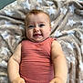 baby, smiling, infant, blanket, star_pattern, coral_outfit, happy, hands, blue_eyes, cheeks, water_glass, floor, soft_texture, portrait, cute, child, lying_down, indoor, skin, person