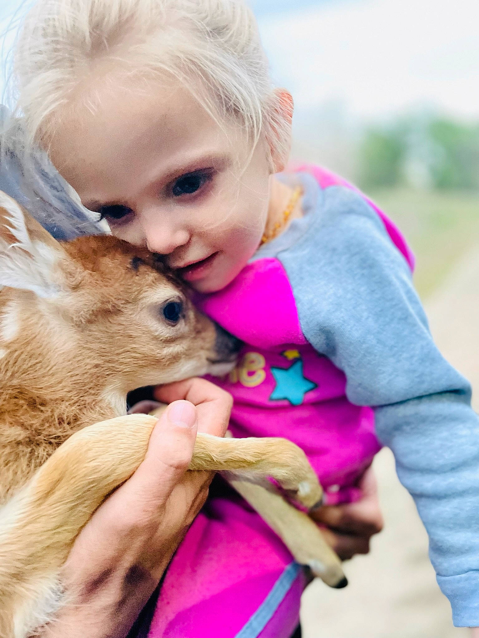 Nayvie is registered to the contest to win money with this photo: baby, baby_toddler_clothing, blond, child, companion_dog, fawn, felidae, fun, gesture, grass, hand, happy, head, people_in_nature, person, pink, skin, smile, snout, toddler