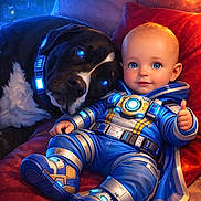 Hugo a rejoint le concours — aidez-le/la à gagner de superbes lots ! baby, dog, blue_eyes, space_suit, futuristic, cushion, red_cushion, glowing, thumbs_up, digital_art, sci_fi, robotic_elements, black_dog, white_fur, portrait, indoor, cute, childlike, fantasy, cozy