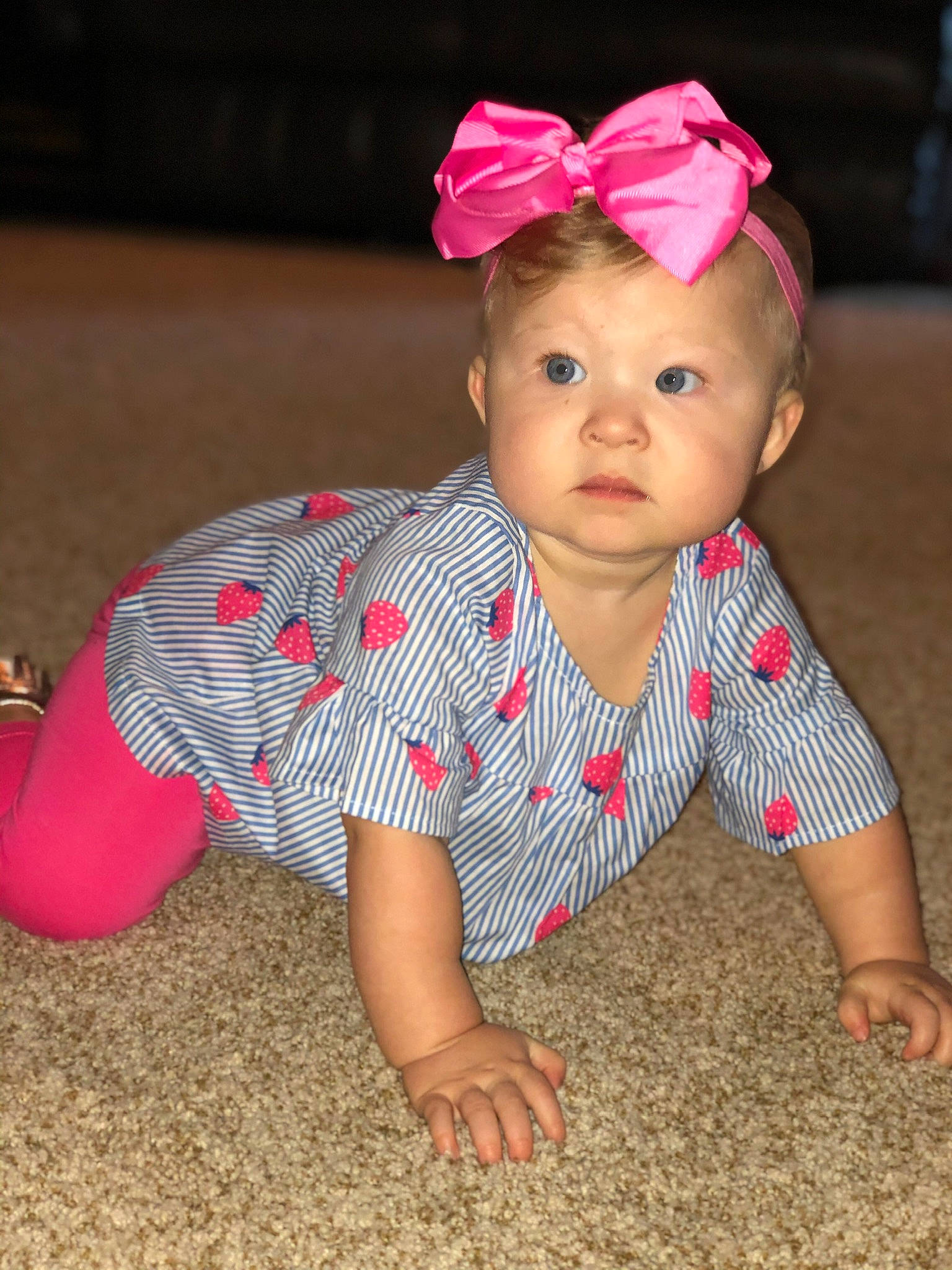 Mireya is registered to the contest to win money with this photo: baby, baby_toddler_clothing, cheek, child, child_model, costume, crawling, fashion_accessory, fun, hair_accessory, head, headband, headgear, lip, pattern, person, pink, play, sitting, skin