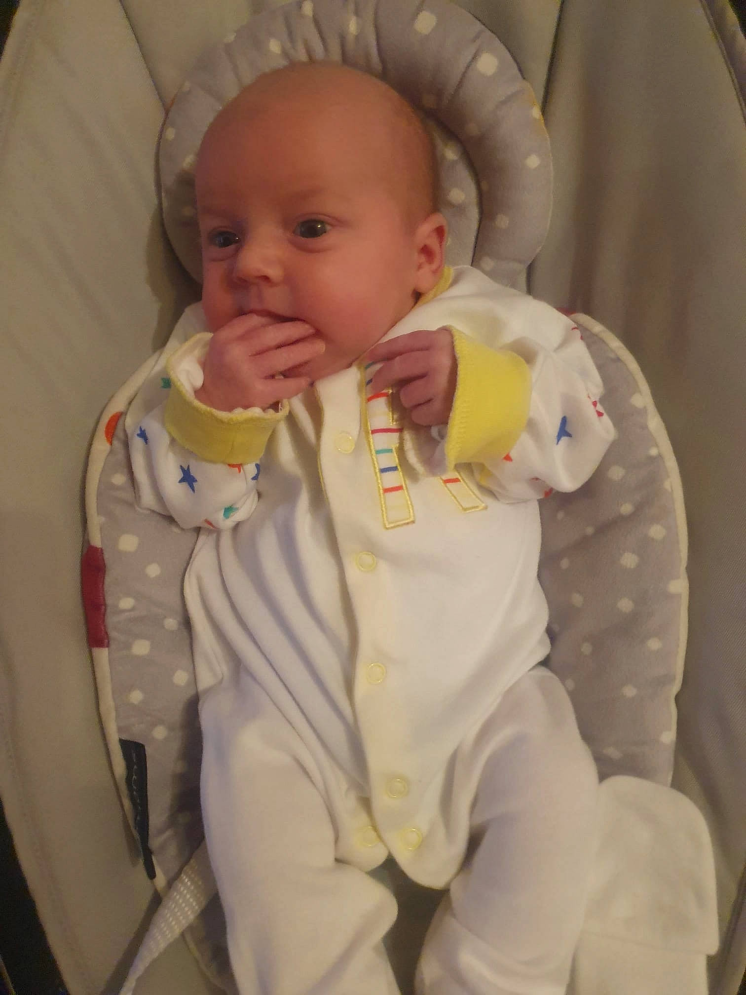 Ryder joined the competition — help win amazing prizes! baby, baby_in_car_seat, baby_products, baby_safety, baby_sleeping, baby_toddler_clothing, bib, cheek, child, collar, comfort, dress_shirt, drinkware, linens, nose, outerwear, person, sitting, sleeve, thumb