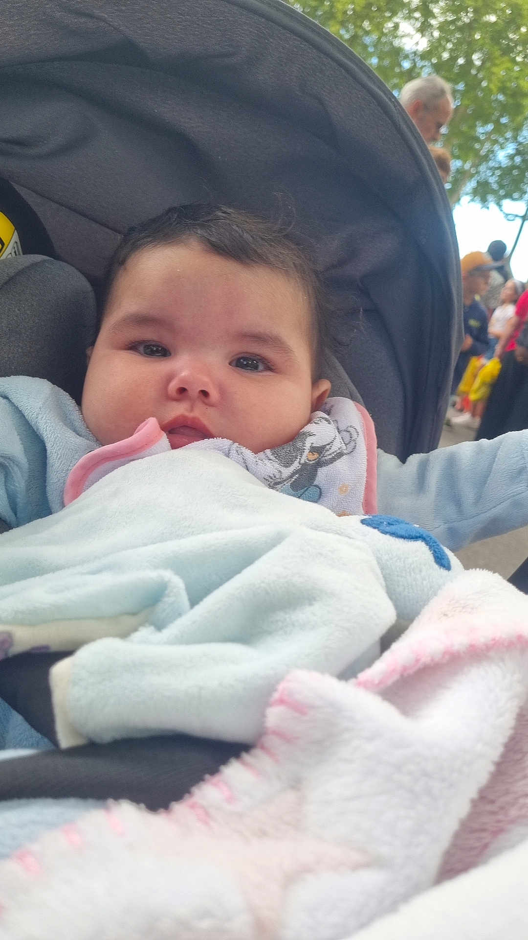 Djena participe au concours pour gagner de l'argent avec cette photo : baby, infant, child, blanket, stroller, outdoor, people, crowd, trees, clothing, warm, cute, face, expression, comfort, seated, portrait, daylight, soft, bundle