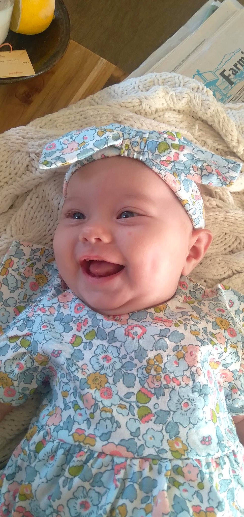 Caroline is registered to the contest to win money with this photo: baby, baby_laughing, baby_toddler_clothing, beauty, cheek, chin, eye, face, facial_expression, happy, headwear, iris, lip, organ, pattern, person, pink, product, skin, sleeve