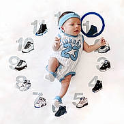 Resyn is registered to the contest to win money with this photo: baby, infant, child, jordan, jersey, headband, sneakers, shoes, clock, blanket, blue, white, numbers, sportswear, fashion, cute, lying_down, portrait, indoor, relaxed