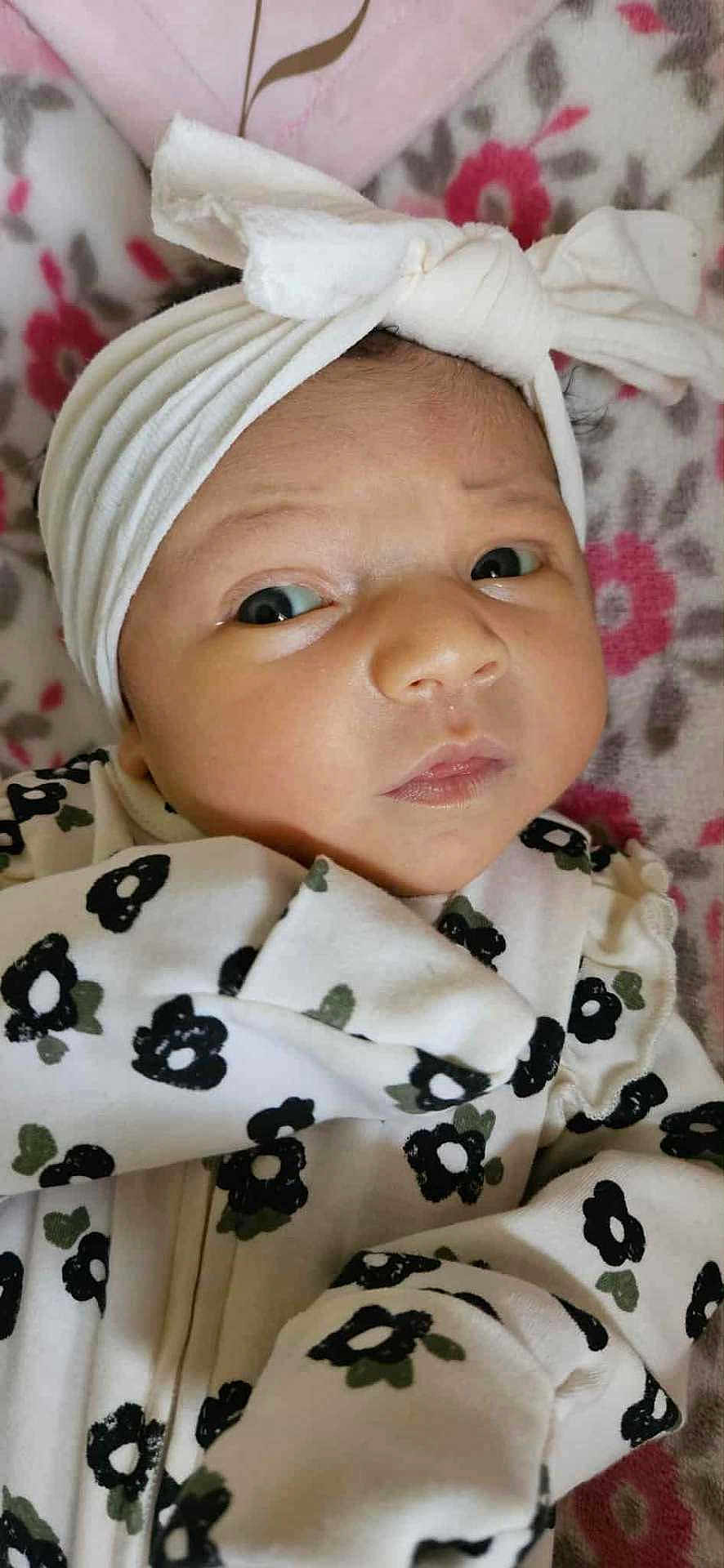 Zuri joined the competition — help win amazing prizes! baby, infant, headband, bow, onesie, floral_pattern, blanket, closeup, face, expression, cute, newborn, soft, sleepwear, child, portrait, skin, lying_down, indoors, young