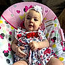 Brynlee joined the competition — help win amazing prizes! baby, child, infant, sitting, high_chair, headband, flower, dress, floral, pink, colorful, smiling, portrait, indoors, living_room, couch, fabric, patterned, hands, face