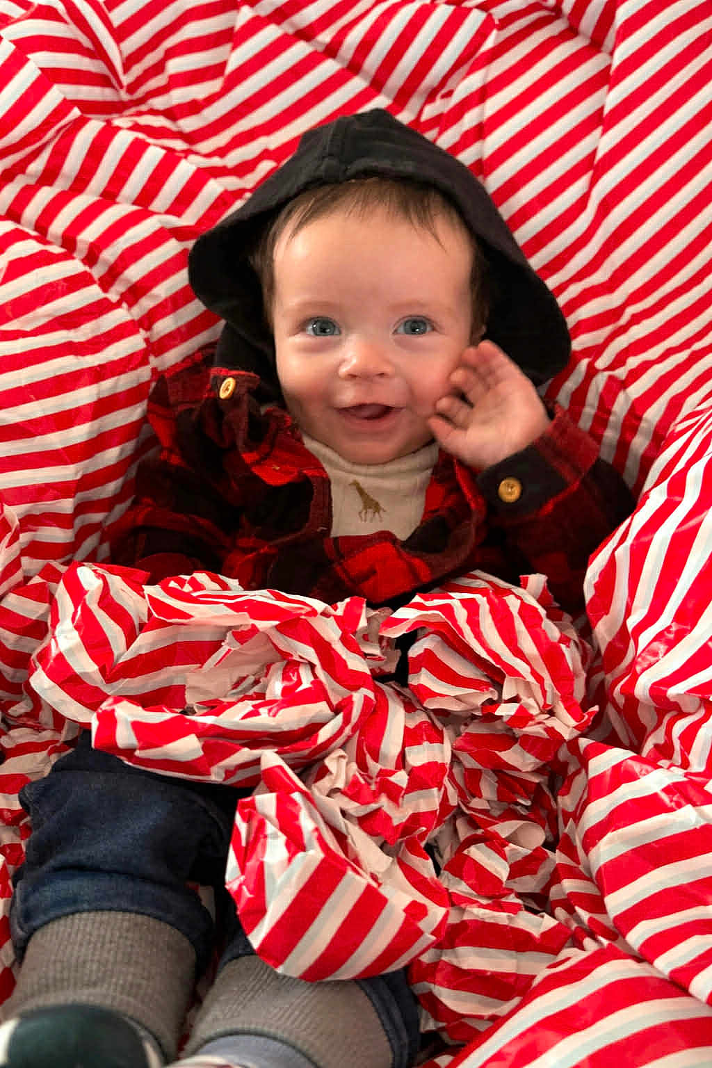Denver is registered to the contest to win money with this photo: baby, child, smiling, hood, plaid_shirt, wrapping_paper, red_and_white, blue_eyes, waving_hand, sitting, clothing, cute, indoor, happy, portrait, infant, festive, cozy, casual, cheerful