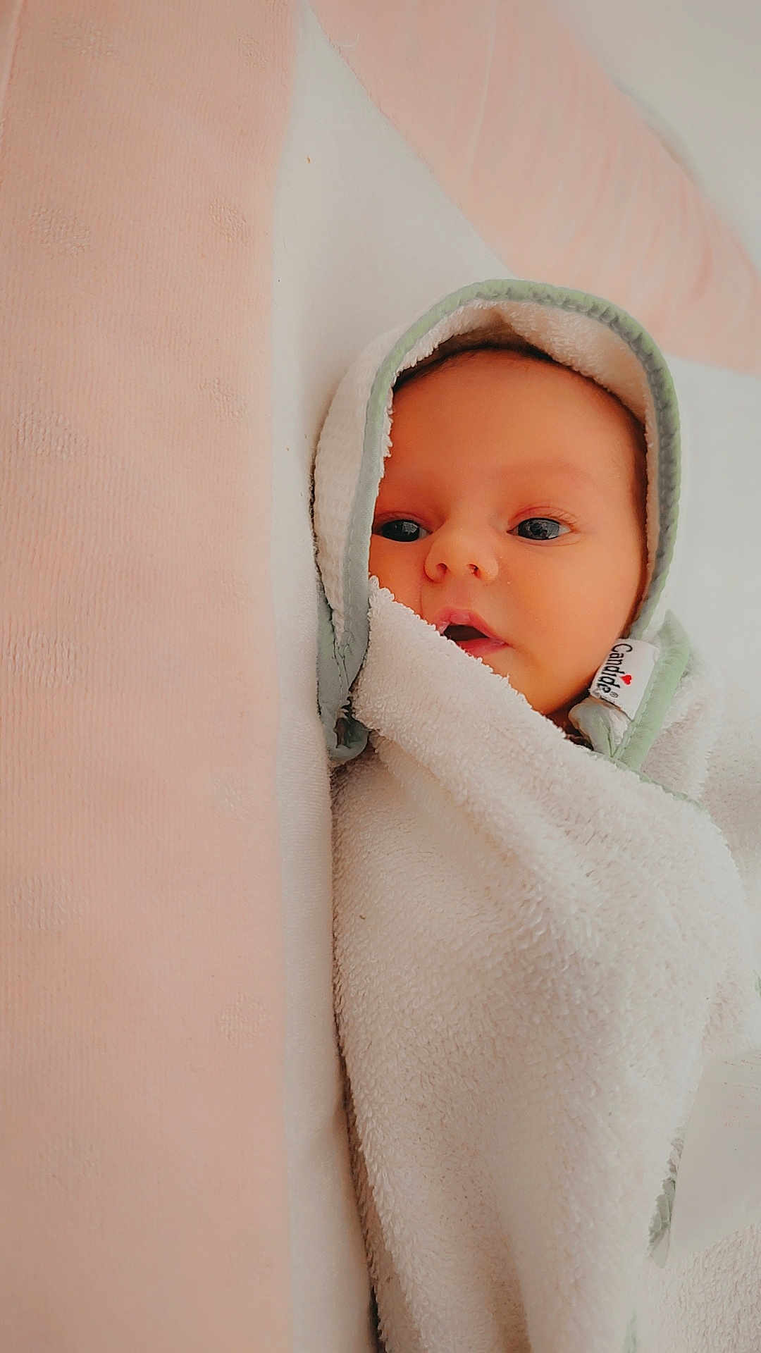 Maddy a rejoint le concours — aidez-le/la à gagner de superbes lots ! baby, infant, wrapped, towel, blanket, face, eyes, mouth, skin, soft, cozy, cute, newborn, child, indoors, resting, comfort, fabric, texture, lying_down