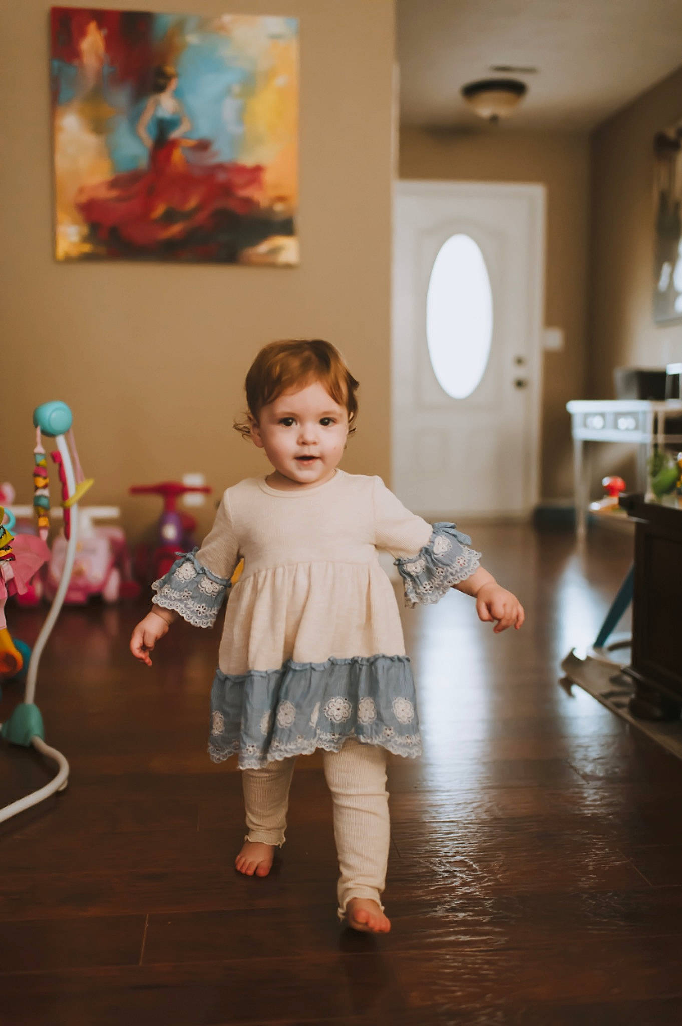 Annaliese joined the competition — help win amazing prizes! art, baby, baby_toddler_clothing, child, door, event, fashion_design, floor, flooring, fun, happy, hardwood, laminate_flooring, leg, person, picture_frame, room, standing, toddler, wood
