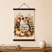 Angel joined the competition — help win amazing prizes! dog, wall_art, framed_art, hallway, interior, home_decor, autumn, pumpkins, flowers, blanket, vase, console_table, staircase, door, neutral_colors, rustic, farmhouse_style, decorative_print, hanging_picture, cozy