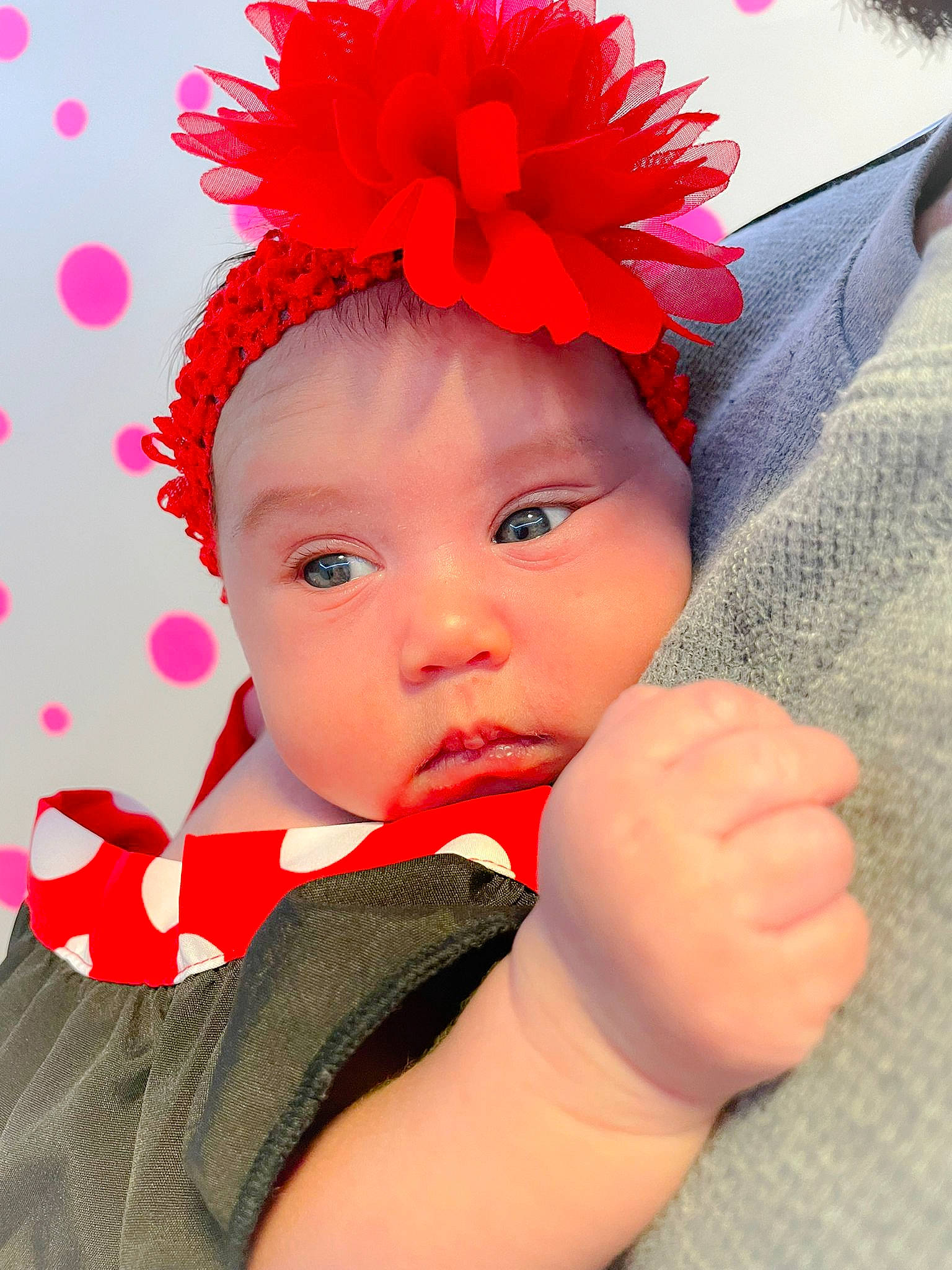 Alexa Sanchez is registered to the contest to win money with this photo: baby, baby_toddler_clothing, cap, costume_hat, fashion_accessory, finger, gesture, hair_accessory, happy, headband, headgear, headpiece, headwear, magenta, pattern, person, petal, pink, skin, sleeve