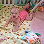 Léa a rejoint le concours — aidez-le/la à gagner de superbes lots ! baby, child, playpen, toy, blanket, pink_onesie, crawling, happy, indoor, floor, soft_toys, colorful, smiling, infant, cute, playtime, baby_girl, fabric, comfort, childhood