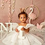 baby, child, one_year_old, birthday, dress, crown, curly_hair, number_one, sitting, pink_background, decorations, swan, butterfly, white_dress, celebration, portrait, cute, happy, floor_reflection, soft_lighting