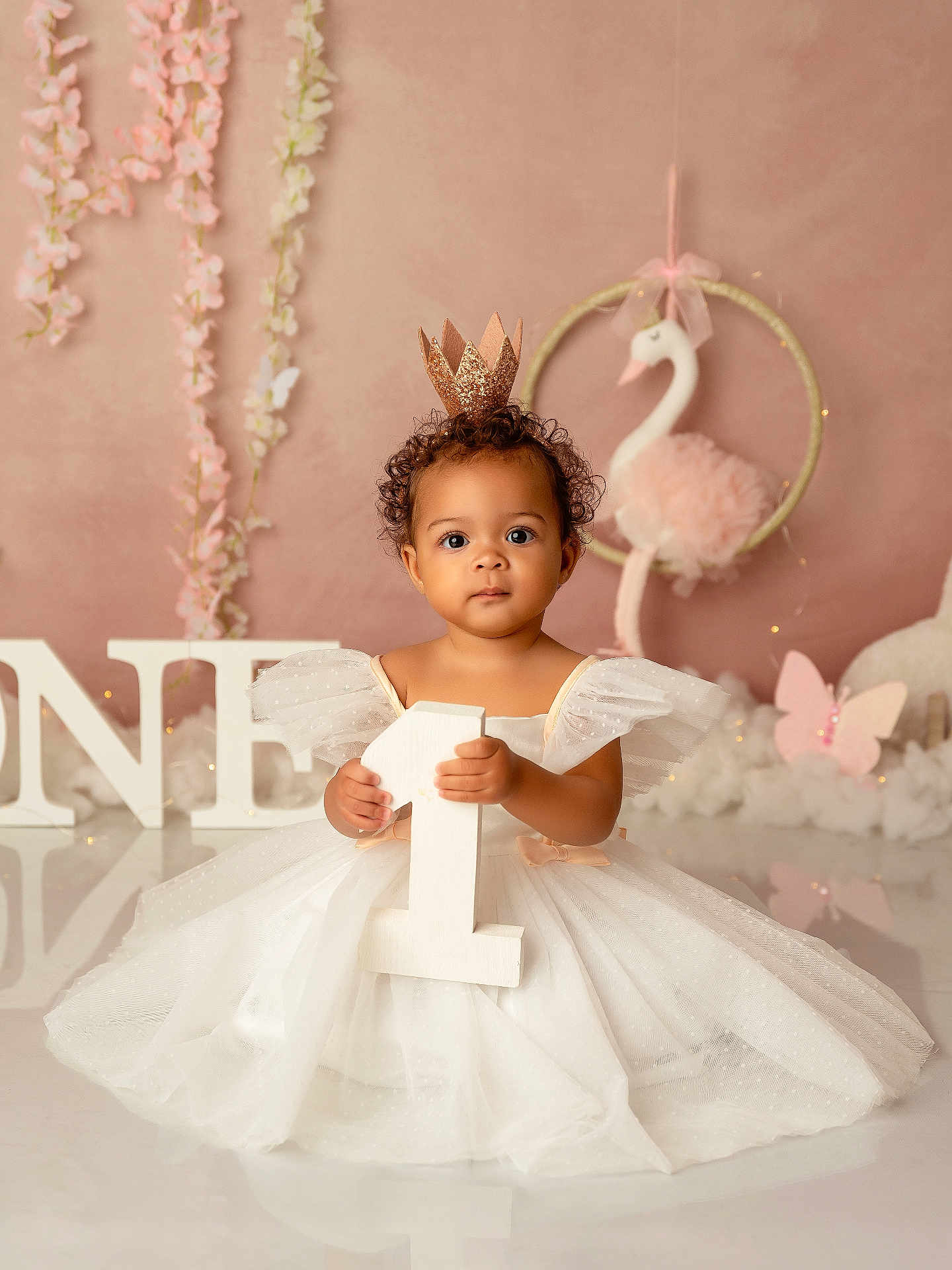 Elynn participe au concours pour gagner de l'argent avec cette photo : baby, child, one_year_old, birthday, dress, crown, curly_hair, number_one, sitting, pink_background, decorations, swan, butterfly, white_dress, celebration, portrait, cute, happy, floor_reflection, soft_lighting