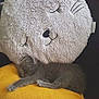 kitten, cat, sleeping, grey_cat, plush_pillow, embroidered_face, yellow_pillow, cushion, nap, cozy, indoor, fur, soft_texture, home, pet, resting, couch, close_up, stuffed_animal, whiskers