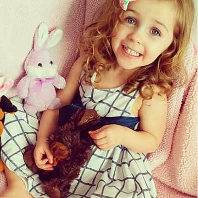 Allianna joined the competition — help win amazing prizes! brown_hair, cheek, child, design, dress, ear, easter, easter_bunny, happy, holiday, joy, organ, pattern, person, pink, rabbit, rabbits_and_hares, skin, smile, stuffed_toy