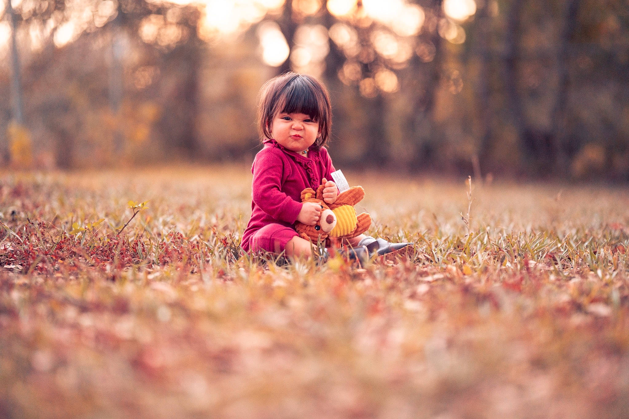 Gabriela is registered to the contest to win money with this photo: branch, deciduous, flash_photography, forest, fun, grass, happy, morning, natural_environment, natural_landscape, orange, people_in_nature, person, plant, playing_with_kids, sunlight, tints_and_shades, toddler, tree, wood