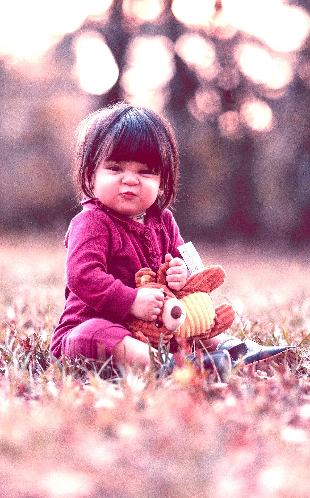 Gabriela is registered to the contest to win money with this photo: baby, baby_toddler_clothing, brown_hair, cheek, child, face, flash_photography, fun, grass, happy, leaf, people_in_nature, person, plant, sitting, skin, sunlight, toddler, tree, winter