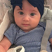 Natalie joined the competition — help win amazing prizes! baby, child, infant, portrait, sitting, car_seat, safety_harness, navy_bow, striped_shirt, toy, teether, rattle, blanket, curtain, indoor, wide_eyes, calm, adorable, headwear, close_up