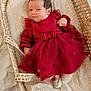 baby, infant, red_dress, heart_pattern, woven_bassinet, lace, soft_texture, cute, newborn, cozy, portrait, child, sleepwear, white_tights, resting, small_hands, face, head, indoors, fabric