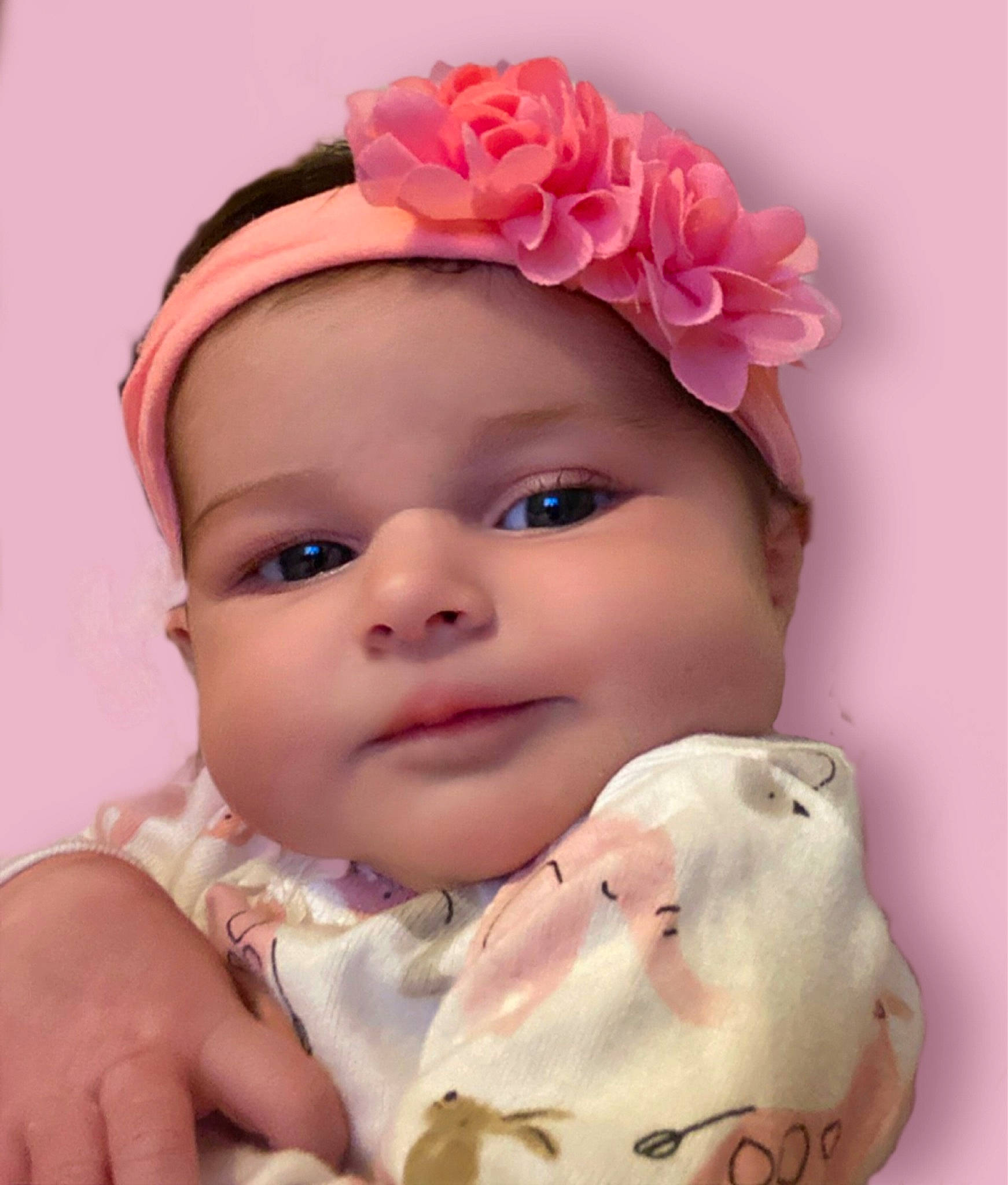 Hannah is registered to the contest to win money with this photo: baby, baby_toddler_clothing, cheek, child, chin, eyebrow, eyelash, face, finger, flower, happy, head, headgear, headpiece, headwear, lip, person, petal, pink, skin