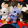 animal, blanket, bunny_ears, cat, closeup, colorful, cozy, cute, domestic, furry, home, indoor, pet, plush_toy, relaxing, resting, sleeping, soft, stuffed_animal, toy