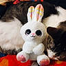animal, black, blanket, brown, bunny, cat, colorful, cozy, cute, feline, fur, indoor, pink, plush, resting, sleeping, soft, stuffed_toy, toy, white