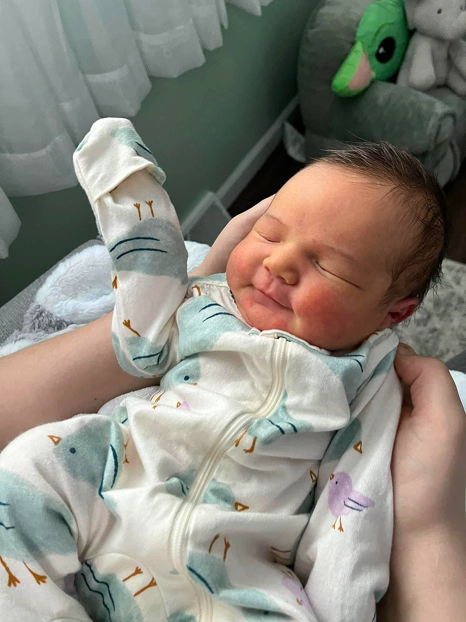 Calliope joined the competition — help win amazing prizes! baby, baby_sleeping, baby_toddler_clothing, cheek, child, comfort, face, finger, green, human, linens, mouth, person, product, room, skin, smile, textile, toddler, toy