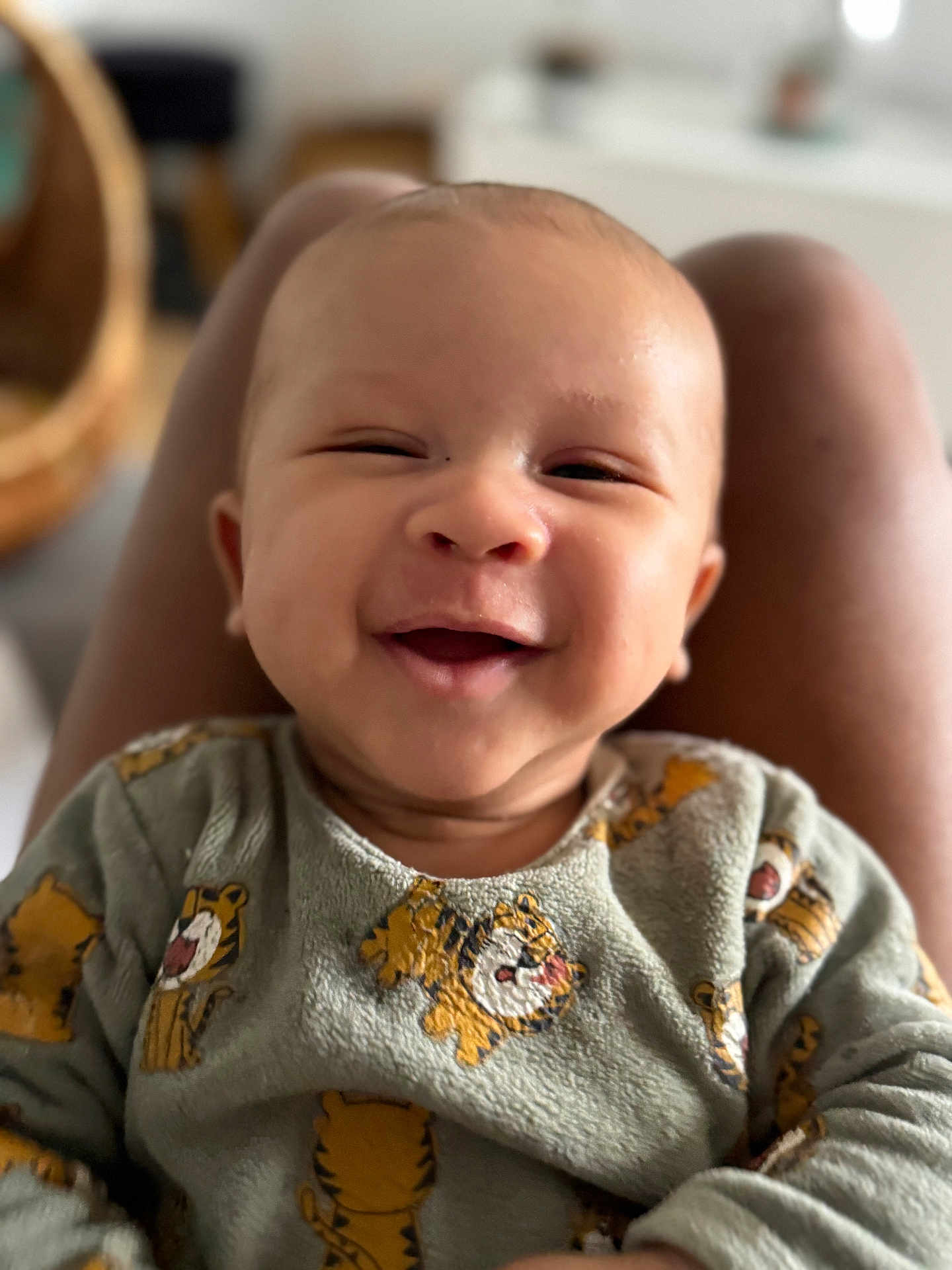 Keziah participe au concours pour gagner de l'argent avec cette photo : baby, smiling, toddler, sweater, tiger_print, clothing, face, person, indoor, happy, child, cute, portrait, seated, lap, skin, young, infant, apparel, blurred_background