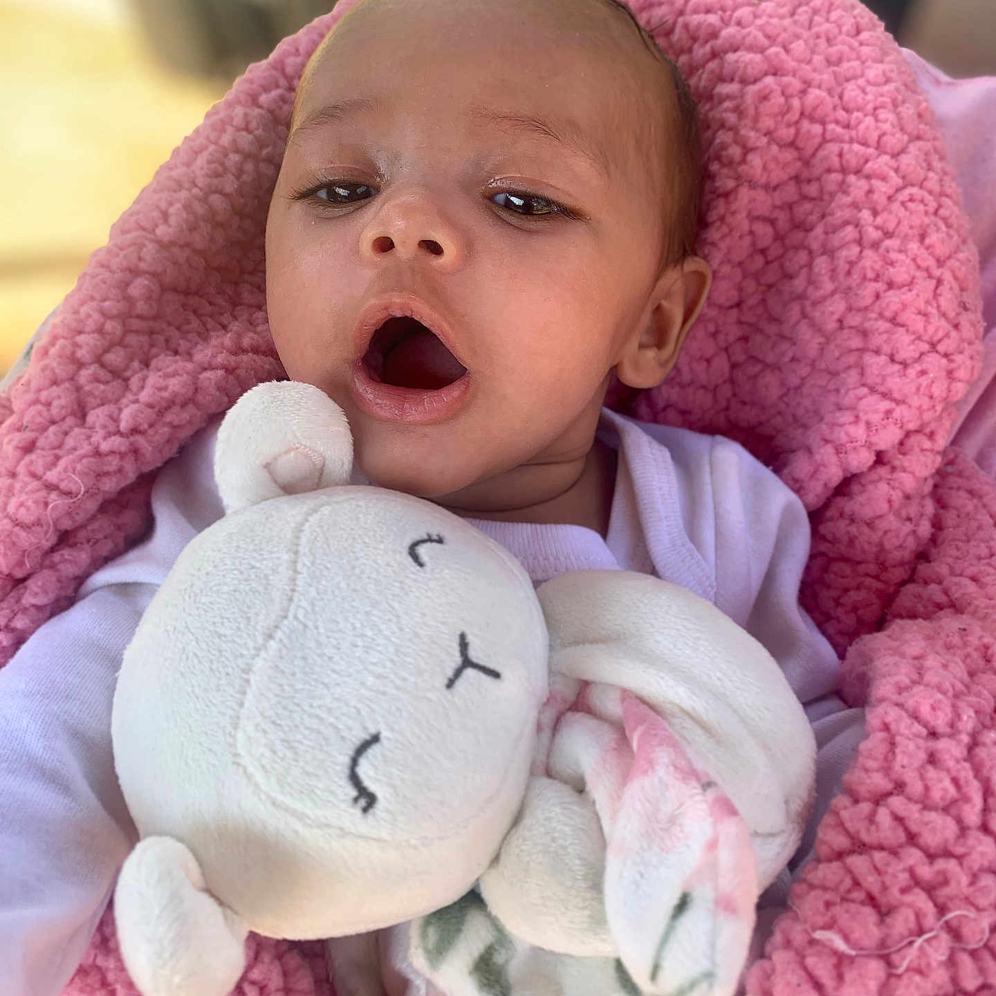 Aziylah is registered to the contest to win money with this photo: baby, blanket, bodypart, bonnet, clothing, cushion, face, hat, head, homedecor, mouth, newborn, person, photography, portrait, quilt, teddybear, towel, toy, yawning