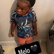 Carmelo joined the competition — help win amazing prizes! child, boy, standing, indoor, tiled_floor, shorts, tshirt, patterned_clothing, hairstyle, curious_expression, wall, floor, shadow, household_item, black_text_overlay, emoji, portrait, casual_clothing, young, person