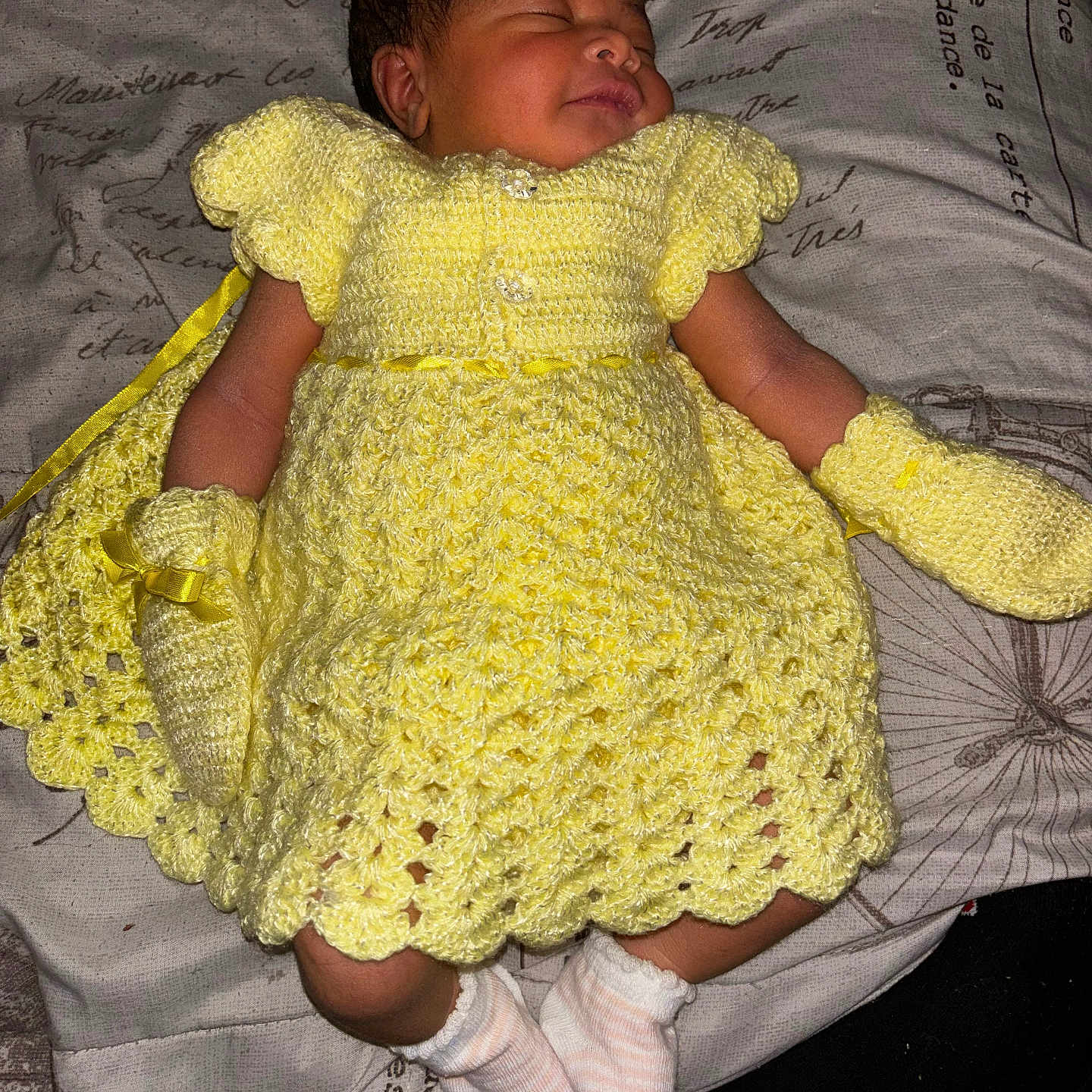 Roskiari joined the competition — help win amazing prizes! baby, newborn, sleeping, yellow_dress, crocheted_clothing, mittens, socks, infant, cute, peaceful, lying_down, fabric_background, soft, tiny, portrait, child, cozy, handmade_clothing, knit, adorable