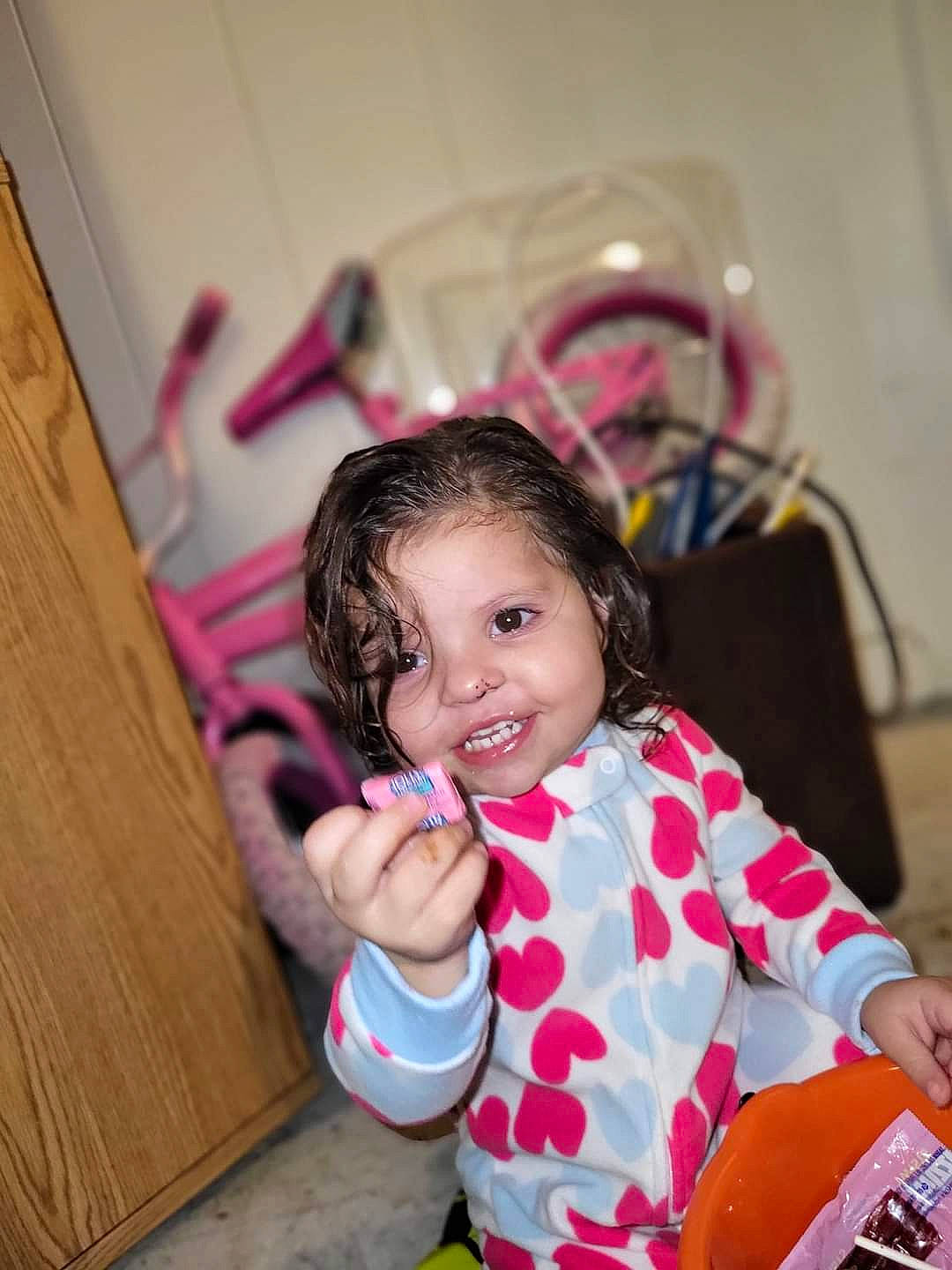 Zaharia joined the competition — help win amazing prizes! chair, child, face, facial_expression, flooring, fun, happy, laugh, leisure, magenta, person, pink, play, portrait_photography, room, sitting, skin, smile, toddler, toy