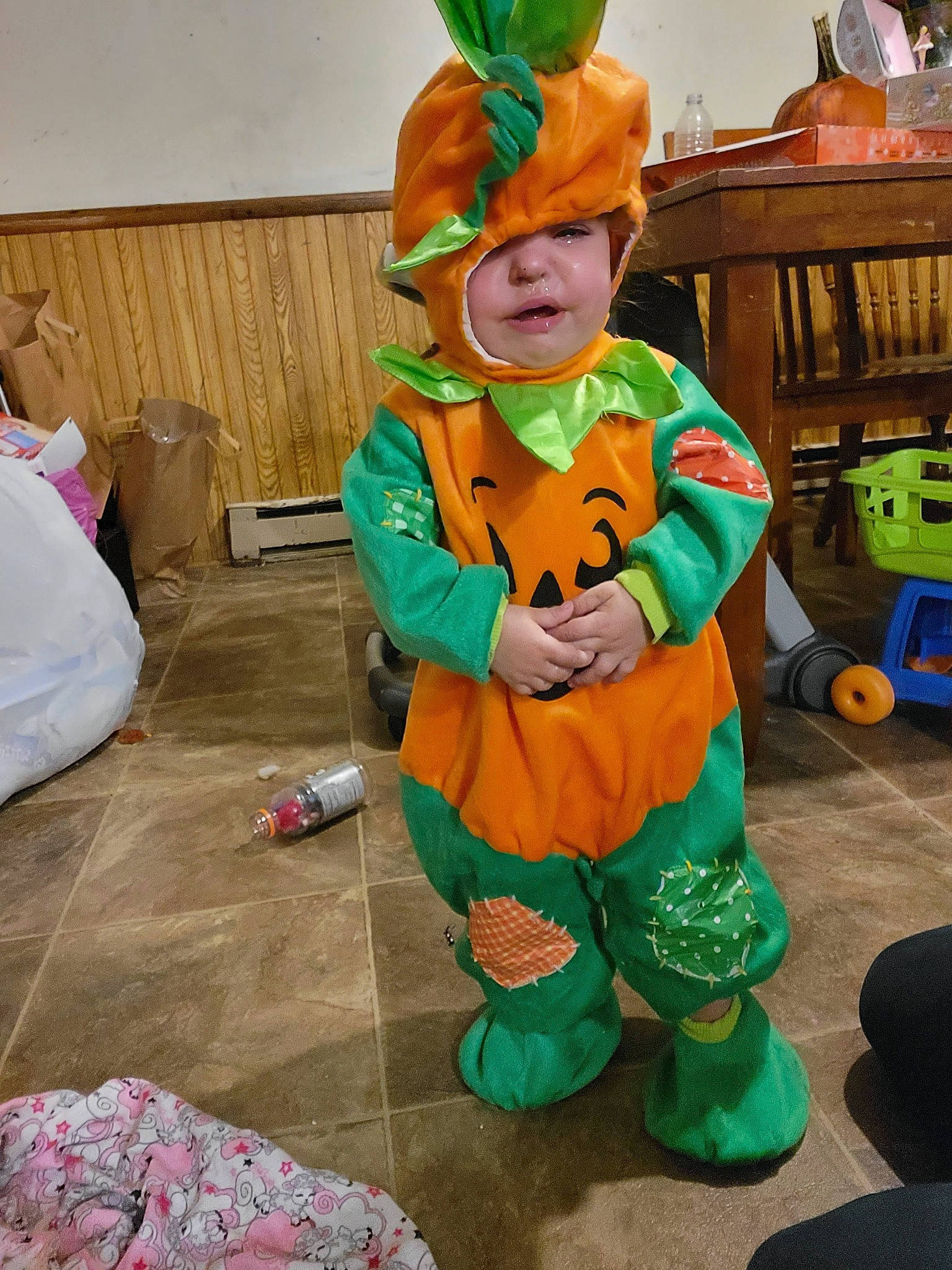 Zaharia is registered to the contest to win money with this photo: baby, calabaza, chair, child, costume, costume_hat, event, flooring, fun, fur, headwear, holiday, lap, person, personal_protective_equipment, play, pumpkin, room, sitting, toddler