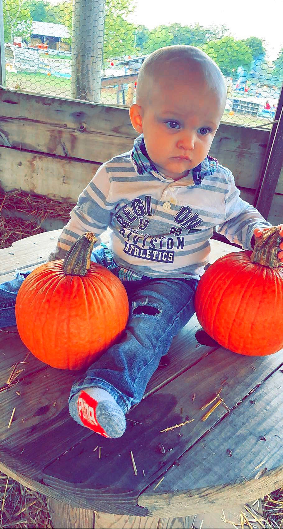 Braxtyn joined the competition — help win amazing prizes! calabaza, eye, face, facial_expression, gourd, hairstyle, hand, happy, head, human_body, iris, leaf, natural_foods, orange, person, plant, pumpkin, squash, standing, toddler