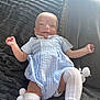 Renson joined the competition — help win amazing prizes! baby, infant, smiling, blue_striped_outfit, white_socks, pom_poms, soft_blanket, gray_blanket, lying_down, happy, cute, child, indoors, portrait, cozy, comfortable, small_hands, small_feet, relaxed, bright