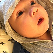 Liam Ryker is registered to the contest to win money with this photo: baby, face, hood, clothing, infant, eyes, mouth, closeup, blanket, pattern, fabric, soft, cute, child, portrait, expression, skin, headwear, newborn, laying