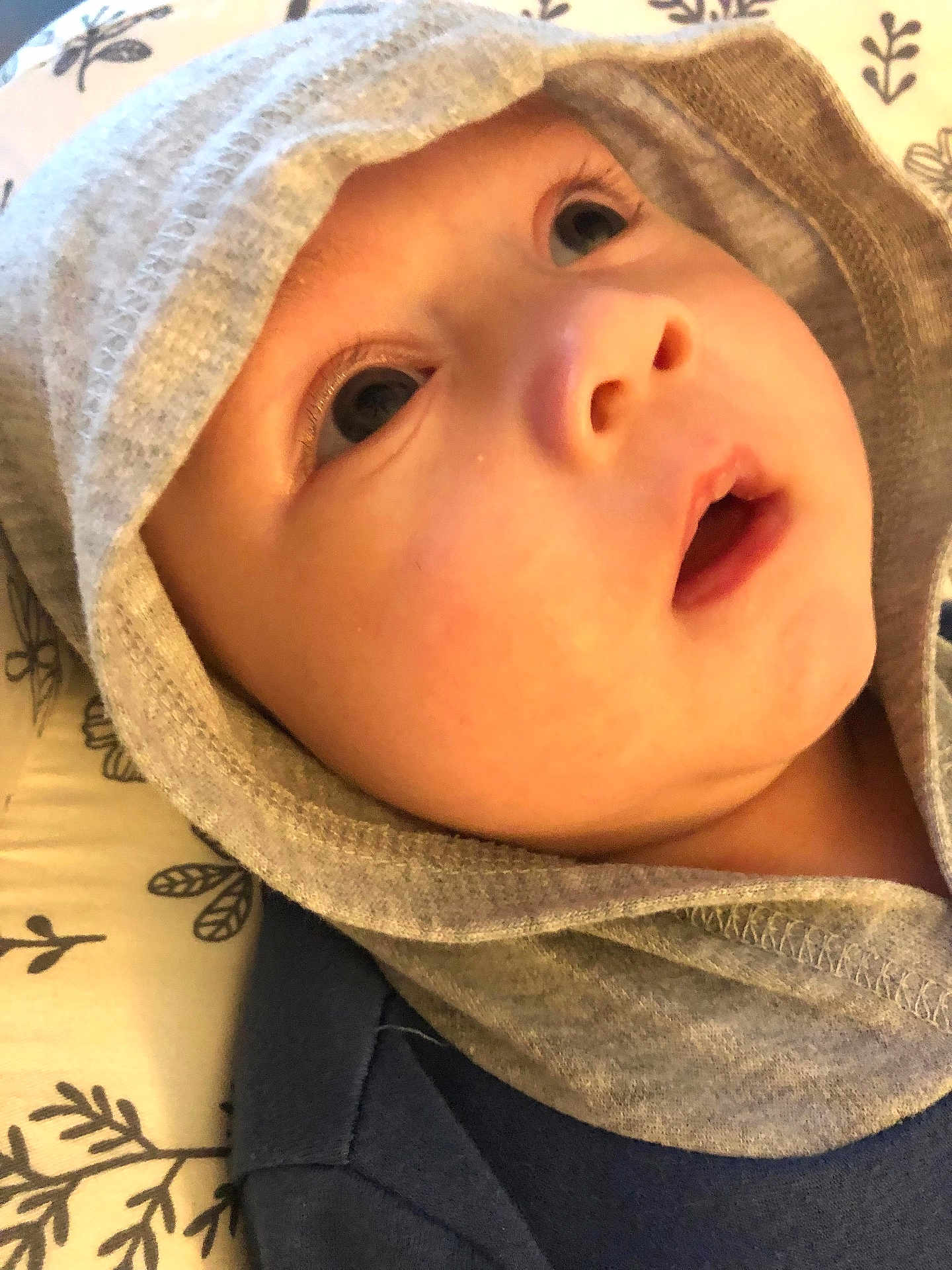 Liam Ryker is registered to the contest to win money with this photo: baby, face, hood, clothing, infant, eyes, mouth, closeup, blanket, pattern, fabric, soft, cute, child, portrait, expression, skin, headwear, newborn, laying