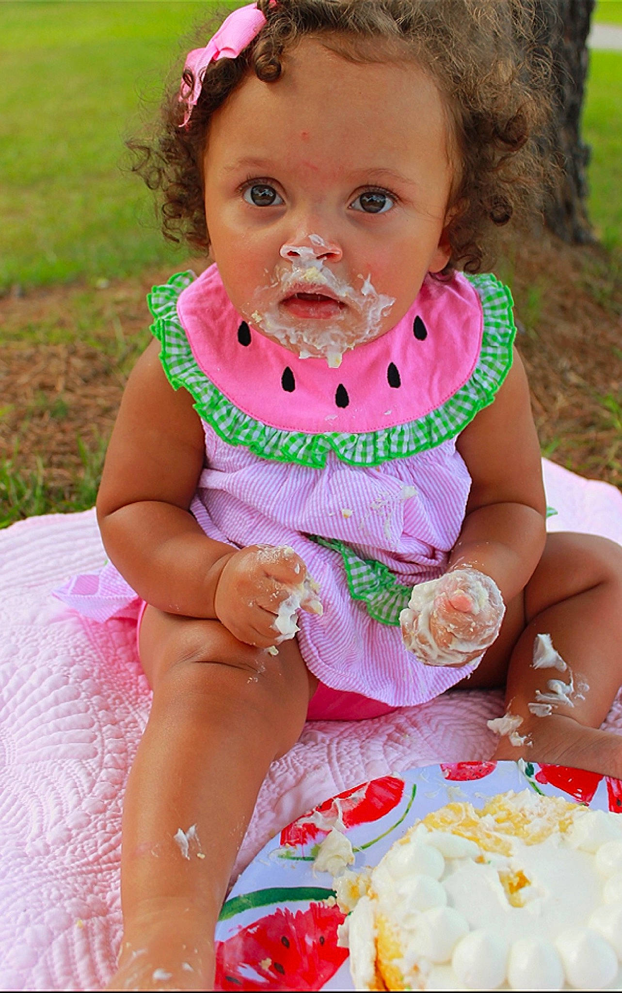 Julia joined the competition — help win amazing prizes! baby, baby_products, baby_toddler_clothing, cheek, child, dress, fashion_accessory, fun, grass, happy, leisure, magenta, pattern, people_in_nature, person, pink, play, recreation, sitting, skin