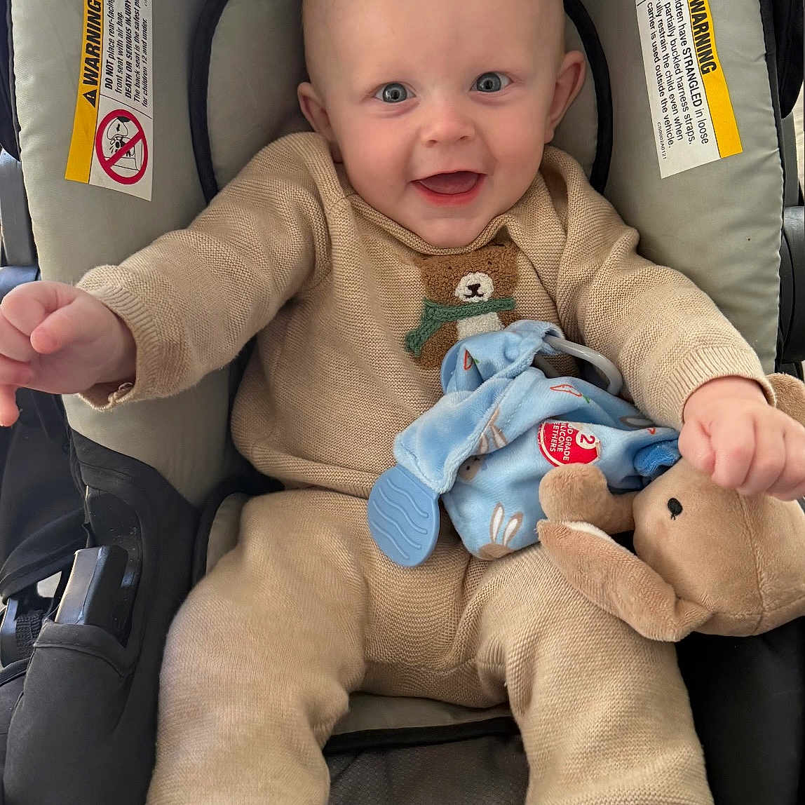 Dillinger joined the competition — help win amazing prizes! baby, beige_clothing, car_seat, child, comfort, cute, fabric, face, feet, hands, happy, head, indoor, infant, knitwear, person, plush_toy, seat, smiling, toy
