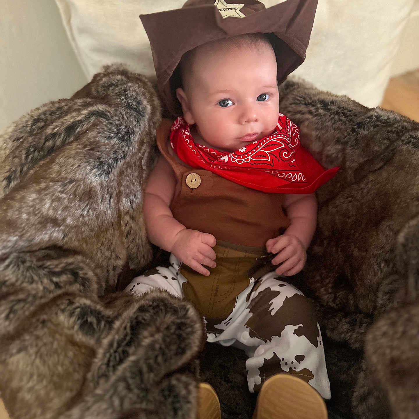 Beau Ryan joined the competition — help win amazing prizes! baby, bandana, brown, child, clothing, costume, cow_print, cowboy, cute, expression, fur_blanket, hat, indoors, infant, person, portrait, red, sitting, soft_texture, warm