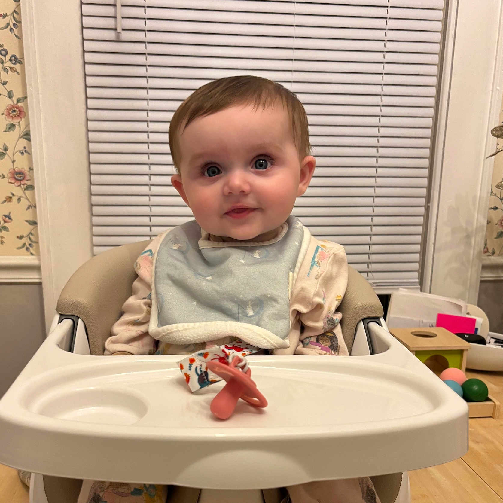 Amelia is registered to the contest to win money with this photo: baby, bib, child, clothing, curious, cute, face, furniture, high_chair, home, indoor, infant, pacifier, person, smile, table, toy, wallpaper, window_blinds, wooden_table