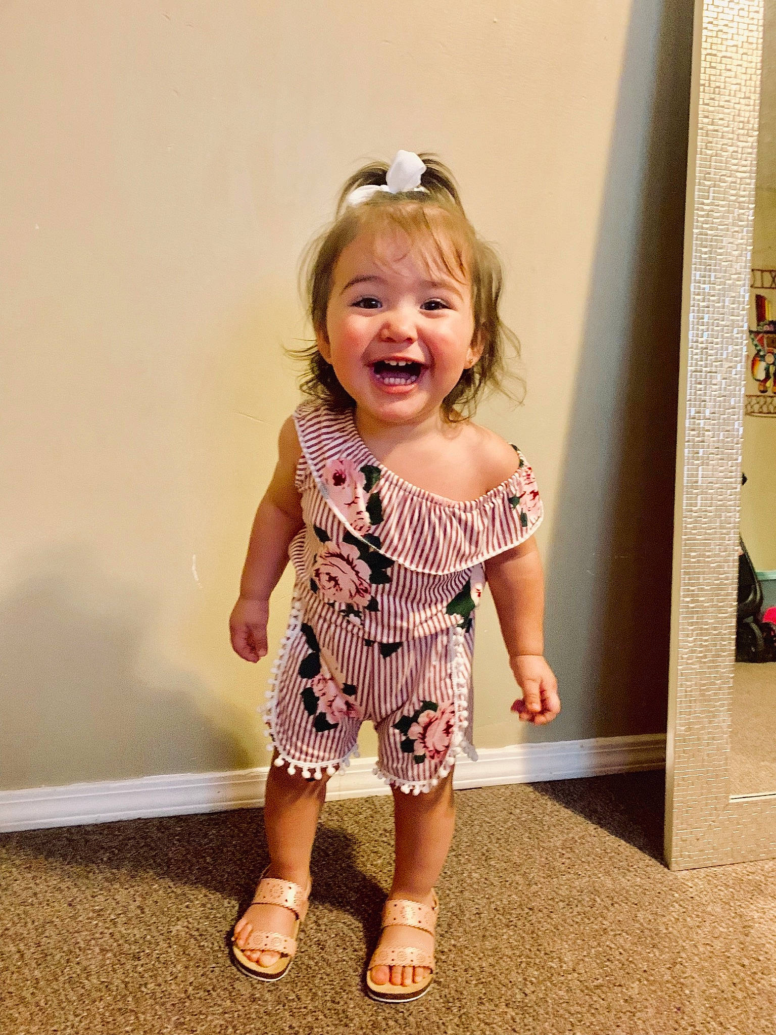 Abbigail joined the competition — help win amazing prizes! baby_toddler_clothing, child, child_model, dress, fun, head, joy, pattern, person, shoe, skin, sleeve, smile, standing, toddler, vacation