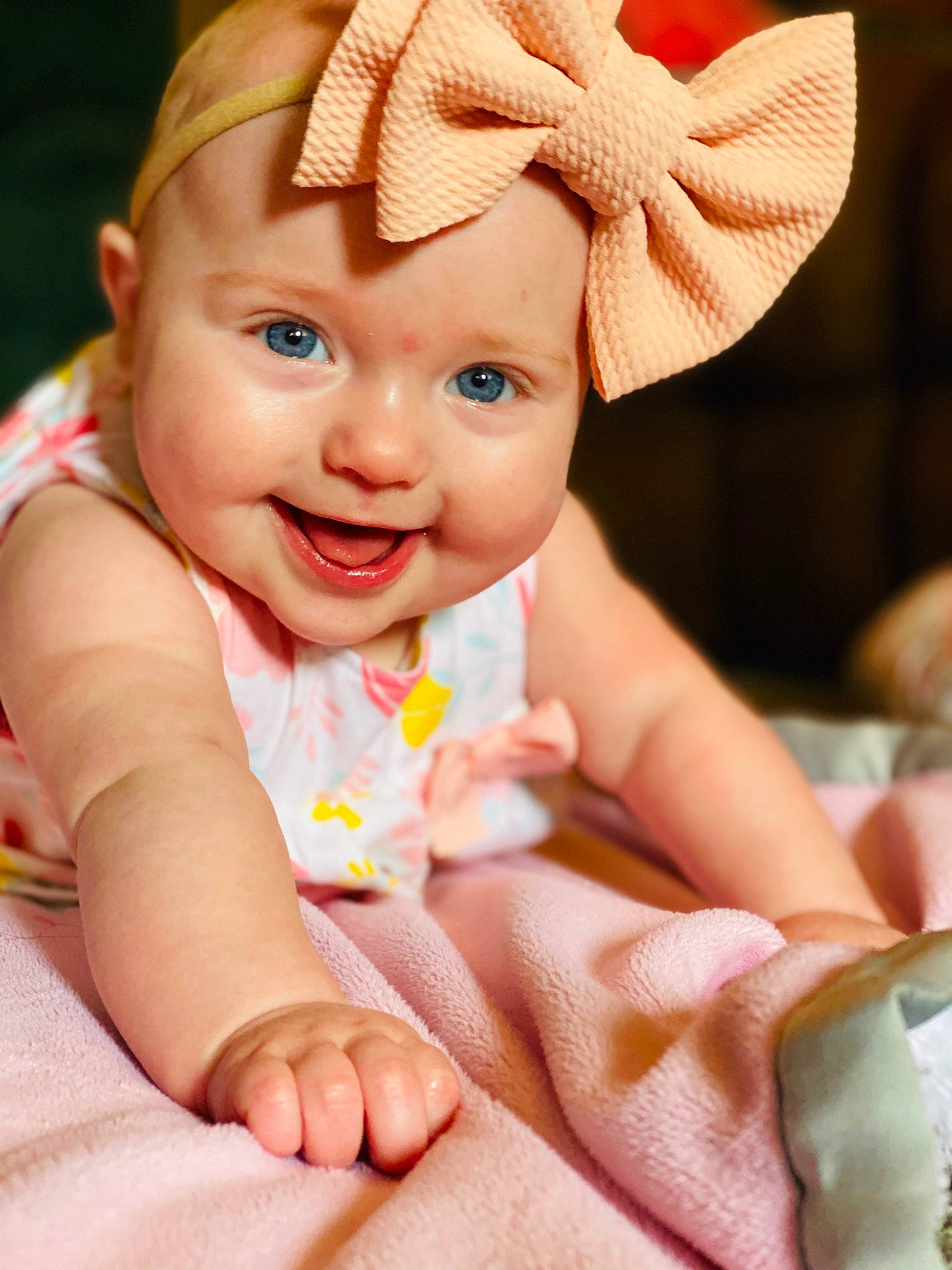 Hazley joined the competition — help win amazing prizes! baby, beauty, cheek, child, child_model, ear, eye, face, finger, hair_accessory, hand, head, headgear, headwear, lip, nose, person, photography, pink, skin