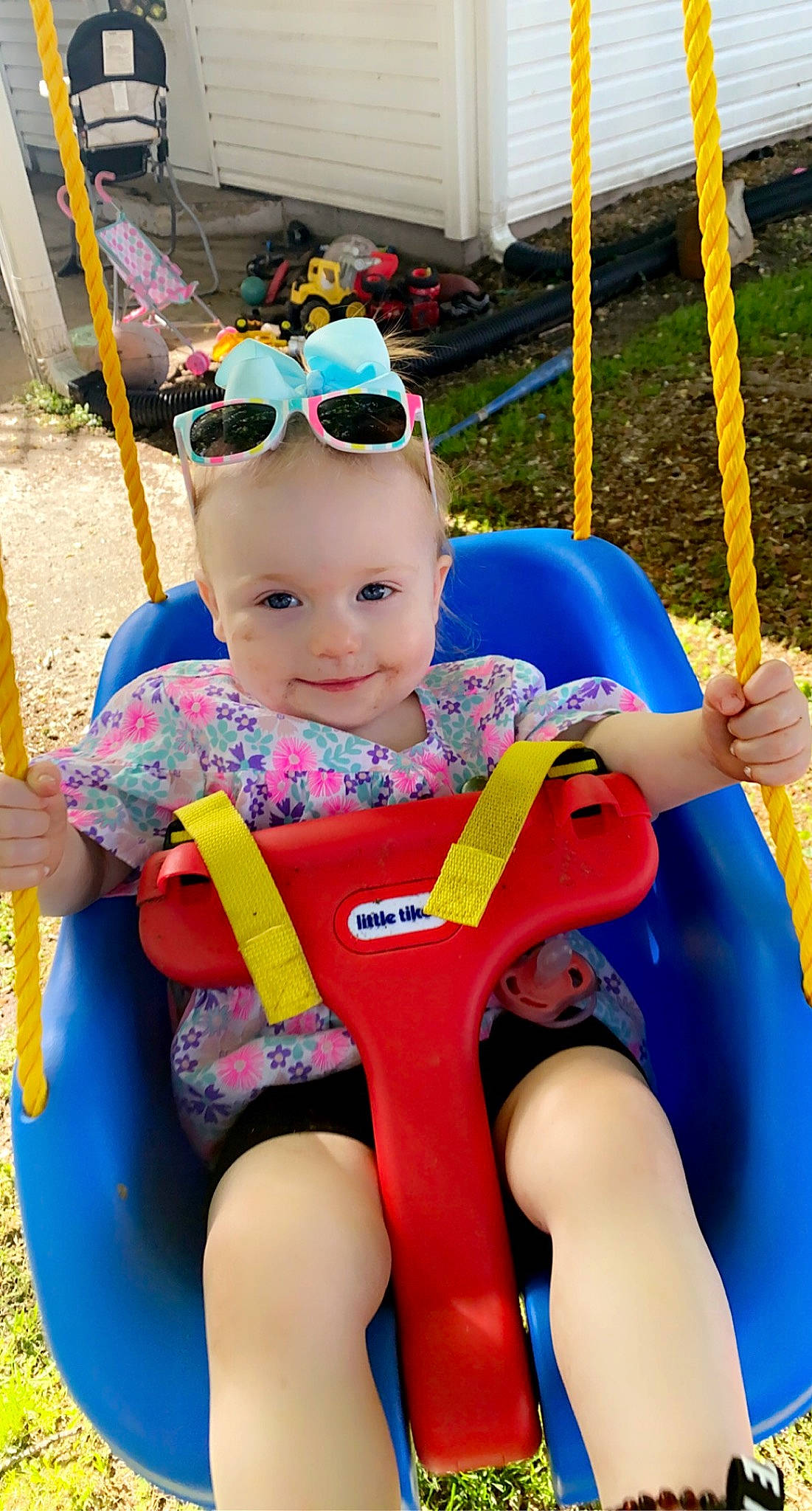 Hazley joined the competition — help win amazing prizes! baby, baby_toddler_clothing, blue, child, fun, goggles, happy, headwear, human_settlement, leisure, outdoor_recreation, person, personal_protective_equipment, plant, recreation, skin, smile, summer, sunglasses, toddler