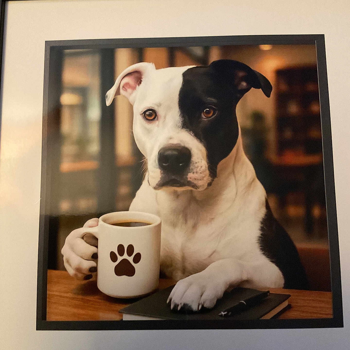 Cooper is registered to the contest to win money with this photo: animal, background_blur, black_and_white, brown_eyes, canine, coffee, coffee_mug, cute, desk, dog, domestic, focused, indoor, notebook, paw_print, pen, pet, portrait, seated, table